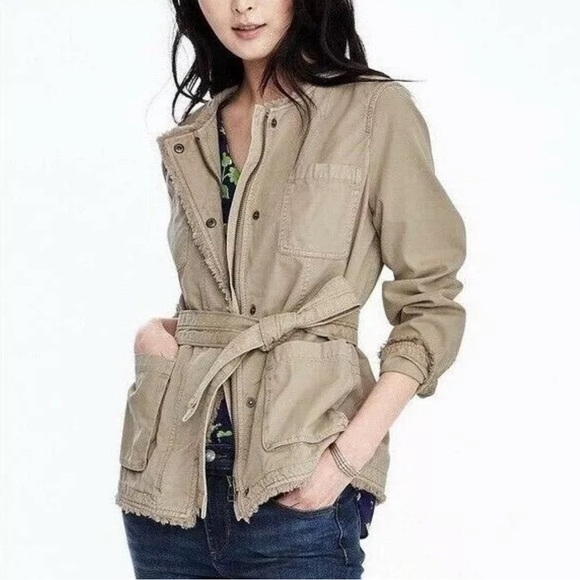 BANANA REPUBLIC Taupe Brown Tan Frayed Edge Military Jacket Size SMALL Fall Coat - Picture 1 of 7